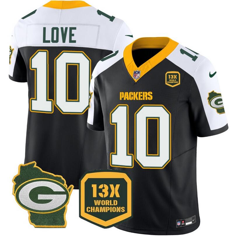 Men's Green Bay Packers #10 Jordan Love Black/White 2023 F.U.S.E. Home Patch 13 Time World Champions Vapor Untouchable Limited Stitched Jersey
